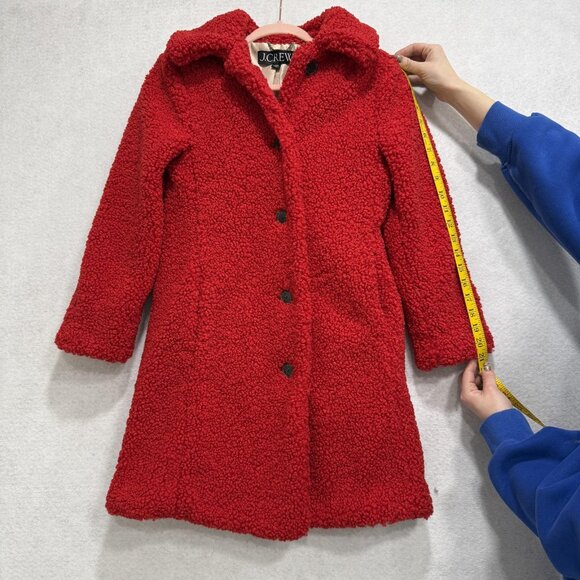J Crew Coat Womens XSP Red Faux Fur Teddy Shearling Button Front Mid Length - Picture 4 of 12
